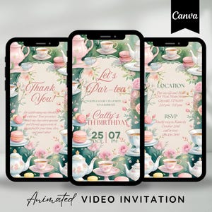 Editable Pink Tea Party Invitation Whimsical Floral Birthday Invite Digital High Tea Card Instant Download Custom Canva Template