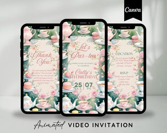 Editable Pink Tea Party Invitation Whimsical Floral Birthday Invite Digital High Tea Card Instant Download Custom Canva Template