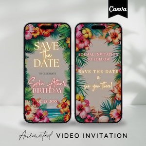 Mall för inbjudan till Aloha Luau, animerad inbjudan till tropisk fest, digital inbjudan till Luau, videoinbjudan till Tiki Party, födelsedagsfest för Luau