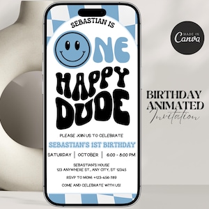 One Happy Dude モバイル招待状 ブルー One Happy Dude 編集可能なスマイリーフェイス誕生日招待状 携帯電話招待状 男の子の 1 歳の誕生日招待状