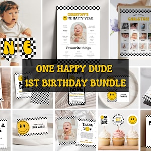 One Happy Dude Birthday Party Bundle One Happy Dude Birthday Invitation Editable Smiley Face Birthday Invite Boys first birthday invitation
