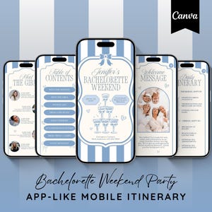Op de afbeelding: Een digitale mockup van vijf smartphones met een vrijgezellenweekend-route. De telefoons hebben een lichtblauwe en witte gestreepte achtergrond. De centrale telefoon toont de tekst "Jennifer's Bachelorette Weekend". De onderkant van de afbeelding luidt "Bachelorette Weekend Party - App-Like Mobile Itinerary".