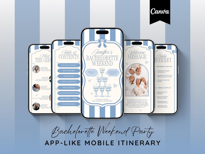 Op de afbeelding: Een digitale mockup van vijf smartphones met een vrijgezellenweekend-route. De telefoons hebben een lichtblauwe en witte gestreepte achtergrond. De centrale telefoon toont de tekst "Jennifer's Bachelorette Weekend". De onderkant van de afbeelding luidt "Bachelorette Weekend Party - App-Like Mobile Itinerary".