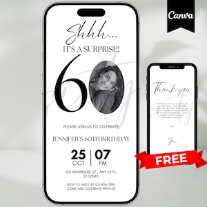 Digital 60th Birthday Invitation For Women Editable 60th Invite Evite Virtual B&W Sixty Party Invite For Her Birthday Invite For Her