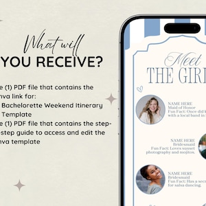 Op de afbeelding: Een smartphone scherm toont een sjabloon voor een vrijgezellenweekend. De tekst luidt "What will you receive?" en "Meet the Girls". De sjabloon bevat foto's en leuke weetjes over de bruidsstoet.