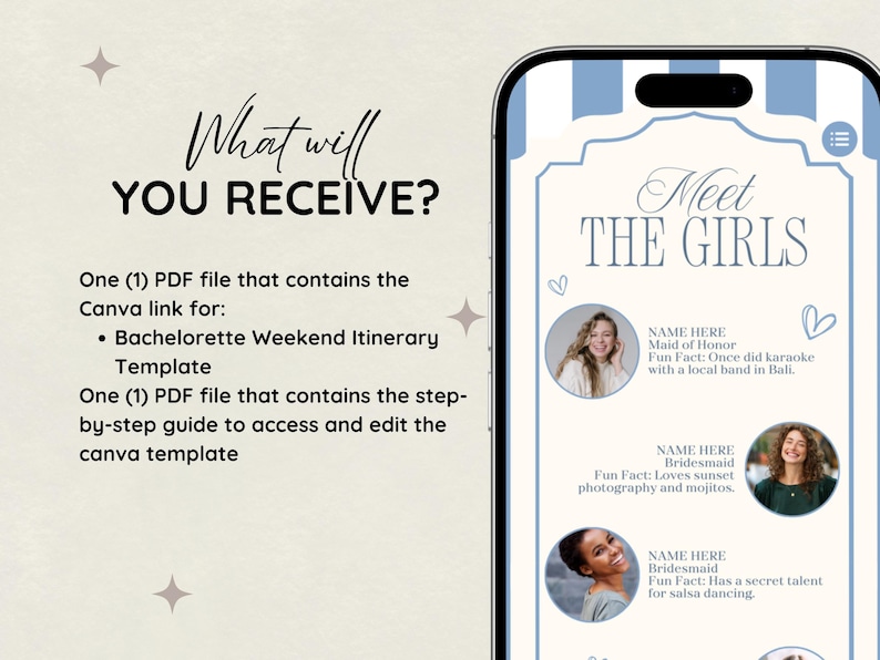 Op de afbeelding: Een smartphone scherm toont een sjabloon voor een vrijgezellenweekend. De tekst luidt "What will you receive?" en "Meet the Girls". De sjabloon bevat foto's en leuke weetjes over de bruidsstoet.