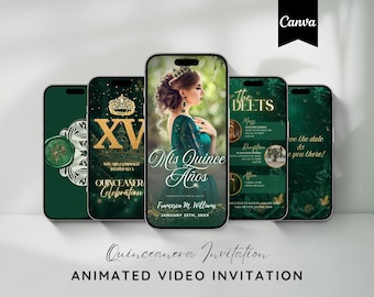 Digital Quinceanera Invitation, Emerald Green Quinceañera Video Invite, Mis Quince Años, 15 Animated Invitations, Sweet 15 Quince Invite