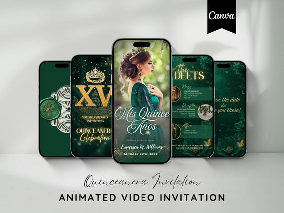 Digital Quinceanera Invitation, Emerald Green Quinceañera Video Invite, Mis Quince Años, 15 Animated Invitations, Sweet 15 Quince Invite