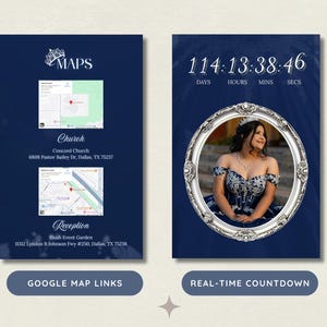 May include: Navy blue event invitation card with a photo and countdown timer. The card includes Google Map links for the church and reception locations. The countdown timer displays days, hours, minutes, and seconds.