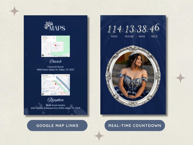 May include: Navy blue event invitation card with a photo and countdown timer. The card includes Google Map links for the church and reception locations. The countdown timer displays days, hours, minutes, and seconds.