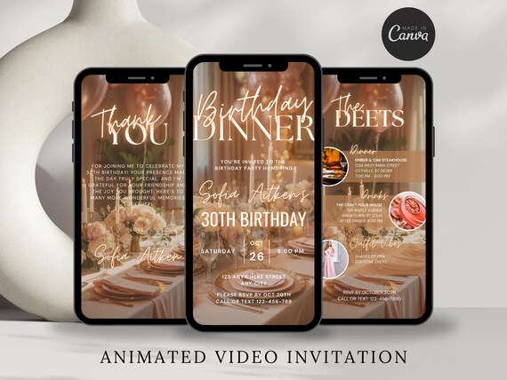 Digital Birthday Dinner Invitation Animated Birthday Dinner Video Invitation Digital Birthday Invite for Women Fancy Dinner Party Invite