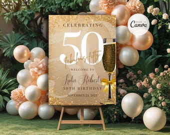 Cartel de bienvenida editable para 50 cumpleaños, dorado, champán, cartel de bienvenida minimalista y moderno, descarga instantánea. Cincuenta años.