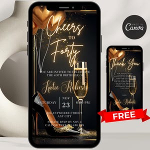 Digital 40th Birthday Invitation For Women Editable 40th Invite Evite Virtual Gold Forty Party Invite For Her Birthday Invite For Her