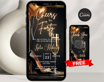 Digitale 40. Geburtstagseinladung für Frauen Bearbeitbar 40. Einladen Evite Virtuelle Gold Vierzig Party Einladen für ihren Geburtstag Einladen für Sie