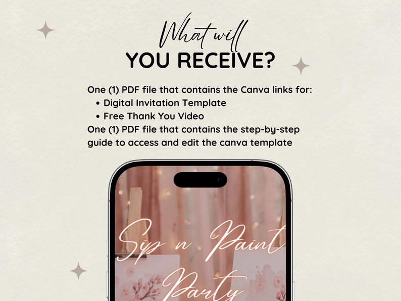 May include: A digital invitation template advertisement. The image features the text "What will YOU RECEIVE?" and details about a PDF file containing Canva links for a digital invitation template and a free thank you video. The image also shows a phone with the words "Sip n Paint Party".