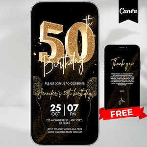 Editable 50th Birthday Party Invitation, Animated Black Gold Dinner Invite For Women, Brunch Evite, Editable 50th Invite, Fifty Party Invite