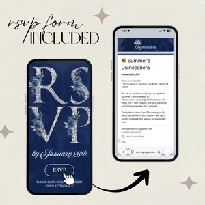 May include: Two smartphones display a quincea&ntilde;era invitation. One shows "RSVP" in silver letters with blue floral accents on a navy background. The other shows the event details, including date, time, and location. The text "RSVP form included" is at the top.