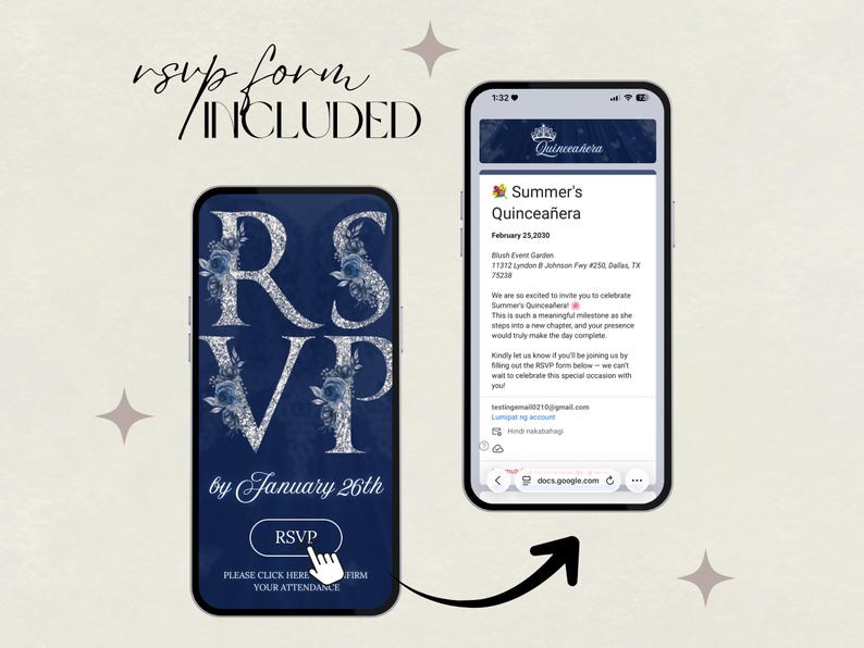 May include: Two smartphones display a quincea&ntilde;era invitation. One shows "RSVP" in silver letters with blue floral accents on a navy background. The other shows the event details, including date, time, and location. The text "RSVP form included" is at the top.