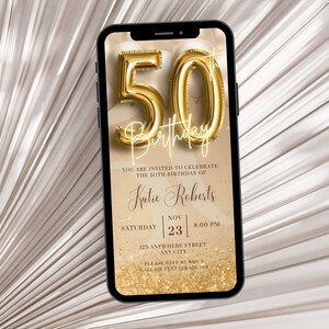 May include: A gold 50th birthday invitation on a smartphone screen with a gold glitter background. The invitation reads "You are invited to celebrate the 50th birthday of Katie Roberts. Saturday, November 23, 8:00 PM, 123 Anywhere Street, Any City. Please RSVP by Nov 3. Call or Text 126 156 788."