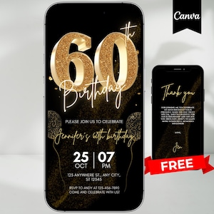 Digital 60th Birthday Invitation For Women Editable 60th Invite Evite Virtual Black Gold Sixty Party Invite For Her Birthday Invite For Her
