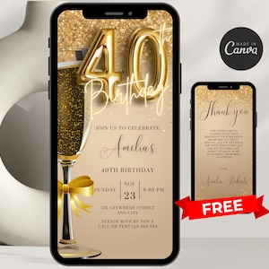 Digital 40th Birthday Invitation For Women Editable 40th Invite Evite Virtual Gold Forty Party Invite For Her Birthday Invite For Her