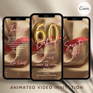 Digital 60th Birthday Invitation For Women Editable 60th Invite Evite Virtual Gold Red Sixty Party Invite For Her Birthday Invite For Her