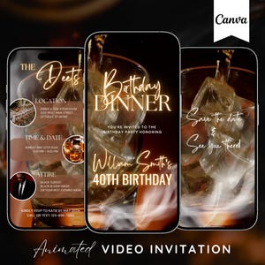 Animated Birthday Dinner Invitation, DIY Template Design, Men&#39;s Party Video Invite, Premade Gold Party Celebration Event Digital E-Invite