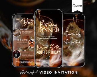 Animated Birthday Dinner Invitation, DIY Template Design, Men's Party Video Invite, Premade Gold Party Celebration Event Digital E-Invite