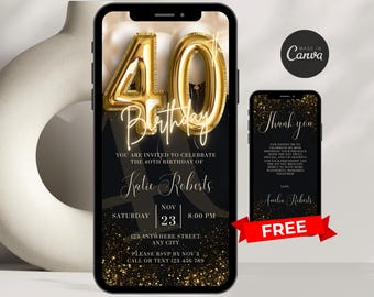 Digital 40th Birthday Invitation For Women Editable 40th Invite Evite Virtual Black Gold Forty Party Invite For Her Birthday Invite For Her