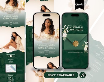May include: Two smartphones displaying a digital Quinceanera invitation template in dark green and white. The screens show a portrait of a young person, floral illustrations, a wax-sealed envelope graphic, and text including Brielle's Quinceanera.