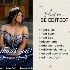 May include: A young person wearing a navy blue, off-the-shoulder gown with silver embroidery and a silver tiara. The text "Thank you! Summer Smith" is displayed on the gown. The image also includes a list of editable features.