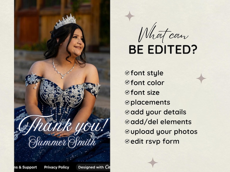 May include: A young person wearing a navy blue, off-the-shoulder gown with silver embroidery and a silver tiara. The text "Thank you! Summer Smith" is displayed on the gown. The image also includes a list of editable features.