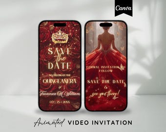 Save the Date Quinceañeara Video Invitation, Red Floral Sweet 15 Animated Invite, Mis Quince Anos Birthday Digital Evite Editable Template