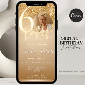 Digital 60th Birthday Invitation For Women Editable 60th Invite Evite Virtual Gold Sixty Party Invite For Her Birthday Invite For Her