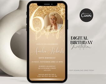 Digital 60th Birthday Invitation For Women Editable 60th Invite Evite Virtual Gold Sixty Party Invite For Her Birthday Invite For Her