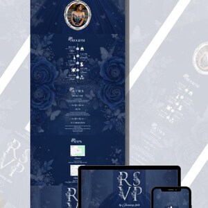 May include: Navy blue quincea&ntilde;era invitation design with floral and butterfly accents. The invitation includes event details, a photo, and RSVP information. The design is displayed on a laptop, phone, and printed card.