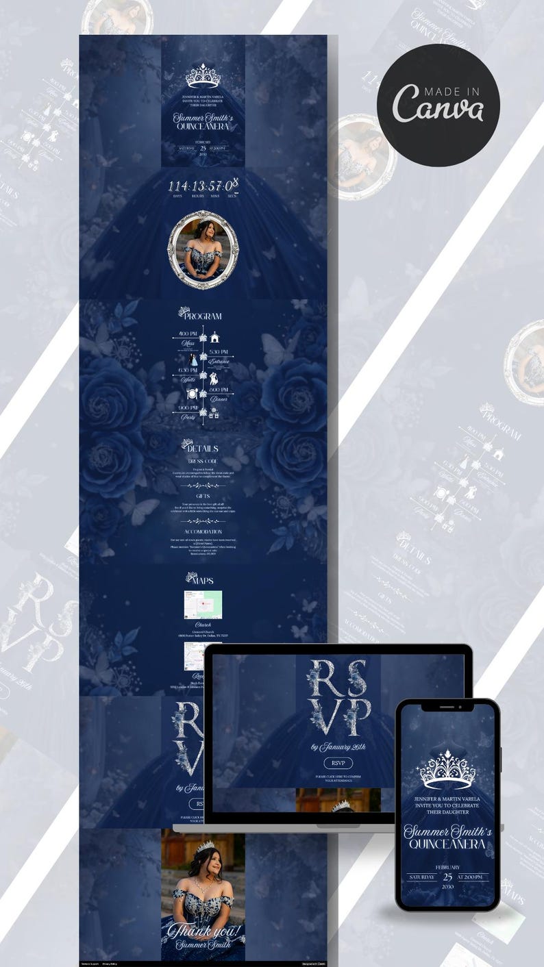 May include: Navy blue quincea&ntilde;era invitation design with floral and butterfly accents. The invitation includes event details, a photo, and RSVP information. The design is displayed on a laptop, phone, and printed card.