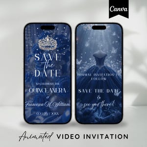May include: Animated video invitation for a Quinceañera, shown on two smartphones. The design features a navy blue background with floral and butterfly accents, a tiara, and the text "Save the Date". The invitation includes the name Francesca M. William and the date 02/25/20XX.