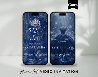 Save the Date Quinceañeara Video Invitation, Navy Blue Sweet 15 Animated Invite, Mis Quince Anos Birthday Digital Evite Editable Template