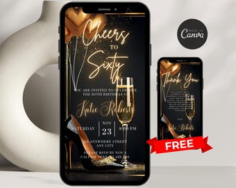 Digital 60th Birthday Invitation For Women Editable 60th Invite Evite Virtual Gold Sixty Party Invite For Her Birthday Invite For Her