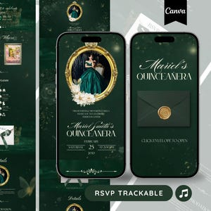 Peut inclure: Deux smartphones affichent un modèle d'invitation numérique pour Quinceañera sur fond vert foncé. L'écran de gauche présente un cadre doré orné avec la photo d'une personne en robe verte, tandis que celui de droite montre une enveloppe vert foncé avec un sceau en cire doré.