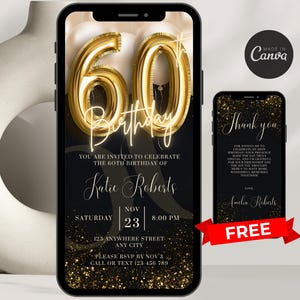 Digital 60th Birthday Invitation For Women Editable 60th Invite Evite Virtual Black Gold Sixty Party Invite For Her Birthday Invite For Her