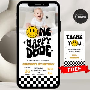 One Happy Dude mobiele uitnodiging One Happy Dude bewerkbaar met foto Verjaardagsuitnodiging mobiele telefoon uitnodiging eerste verjaardag jongens