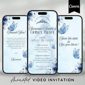 Invito Quinceanera, Invito animato Quinceanera blu, Invito video digitale Quinceañera modificabile, Invito video Sweet 16 Quince