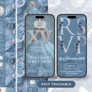 Può includere: Design digitale di invito per quinceañera con sfondo azzurro chiaro e dettagli floreali. L'invito include il testo "Sofia Smith's Quinceañera" e i dettagli RSVP. Il design è tracciabile.