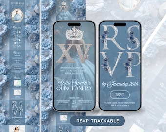Digital Quinceanera Invitation, Baby Blue Quinceañera Invite, Mis Quince Años, Sweet 15 Quince Invite Trackable Countdown RSVP Online Form