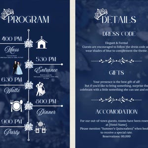 May include: Navy blue event program and details card with white text and floral accents. The program includes times for Mass, Entrance, Waltz, Dinner, and Party. The details card includes dress code, gift, and accommodation information.