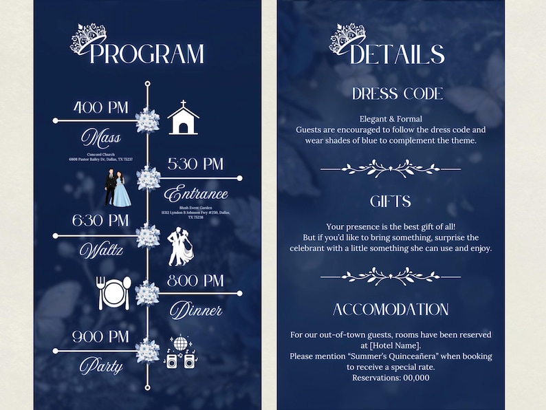 May include: Navy blue event program and details card with white text and floral accents. The program includes times for Mass, Entrance, Waltz, Dinner, and Party. The details card includes dress code, gift, and accommodation information.