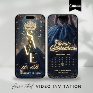 Save the Date Quinceañeara Video Invitation, Navy Blue Sweet 15 Animated Invite, Mis Quince Anos Birthday Digital Evite Editable Template