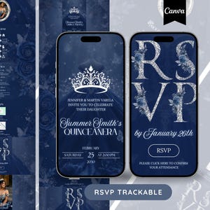 May include: Navy blue digital invitation for a Quincea&ntilde;era, featuring a silver RSVP design with floral accents. The invitation includes event details, date, time, and a request to RSVP by January 26th.